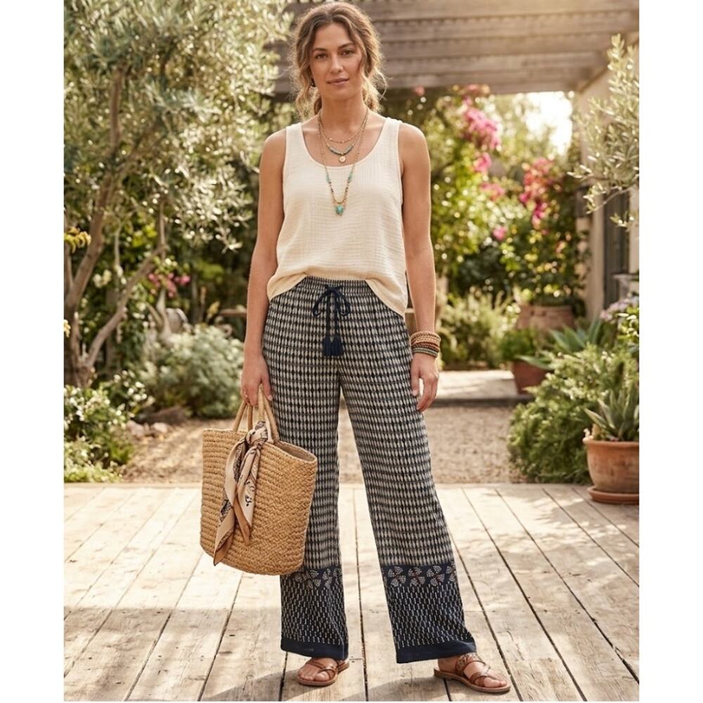 Dylan by True Grit Boho Wide Leg Pants Blue Ikat Border Print Viscose Resort SM